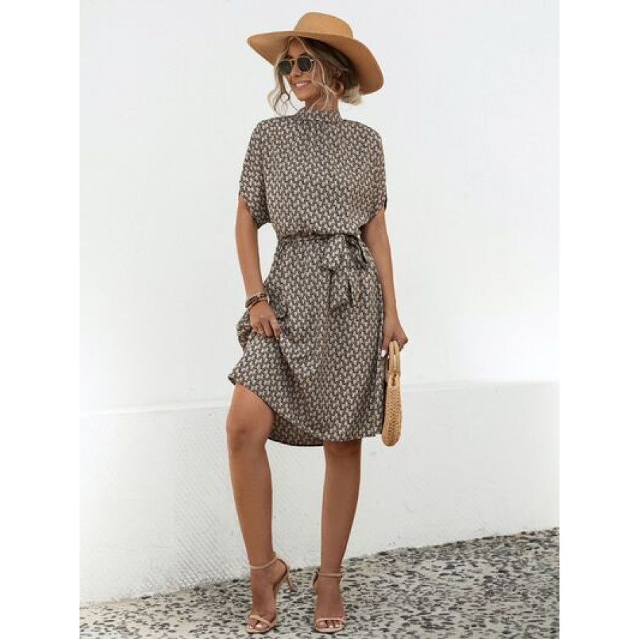 Tied Printed Mock Neck Short Sleeve Dress Apparel and Accessories