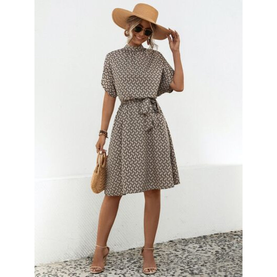 Tied Printed Mock Neck Short Sleeve Dress Apparel and Accessories