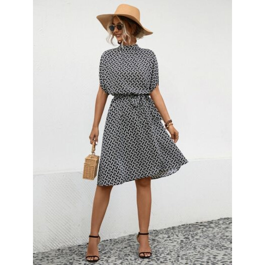 Tied Printed Mock Neck Short Sleeve Dress Apparel and Accessories