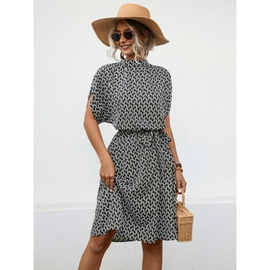 Tied Printed Mock Neck Short Sleeve Dress Black / S Apparel and Accessories