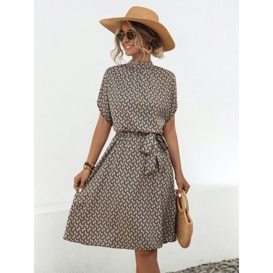 Tied Printed Mock Neck Short Sleeve Dress Khaki / S Apparel and Accessories