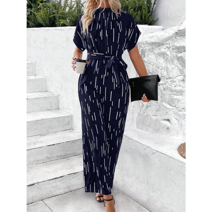 Tied Printed Mock Neck Wide Leg Jumpsuit Apparel and Accessories