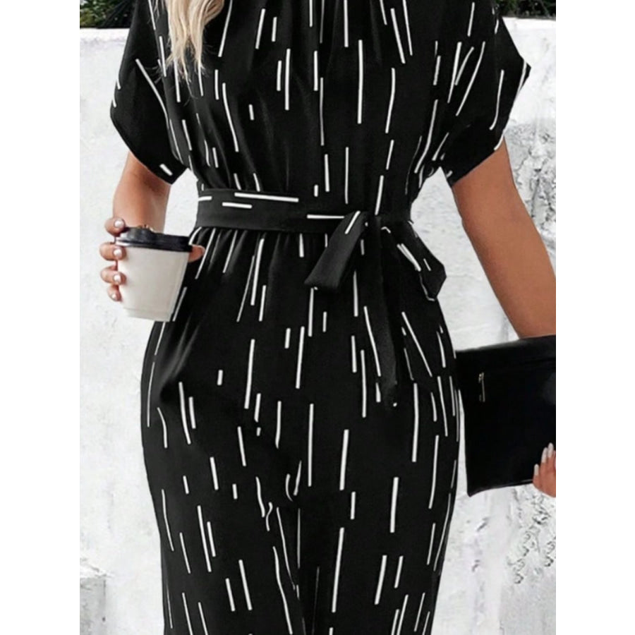 Tied Printed Mock Neck Wide Leg Jumpsuit Apparel and Accessories