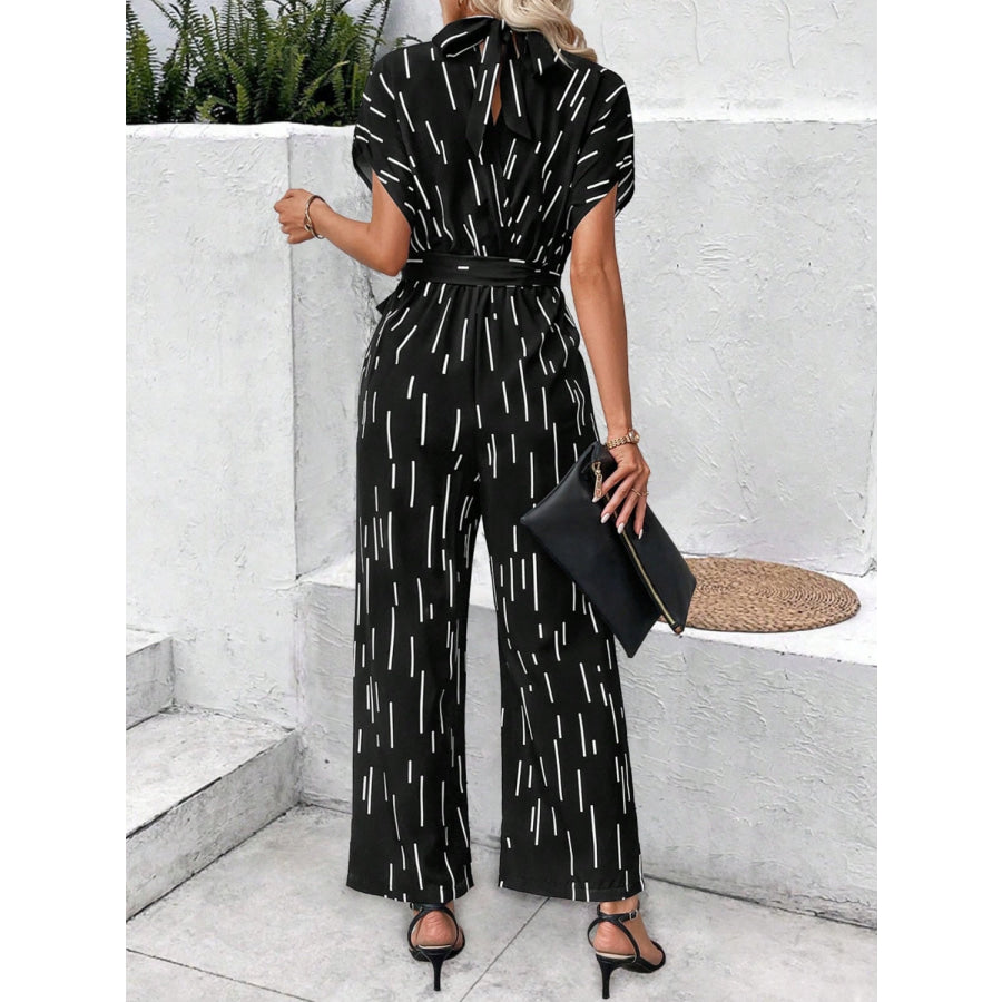 Tied Printed Mock Neck Wide Leg Jumpsuit Apparel and Accessories