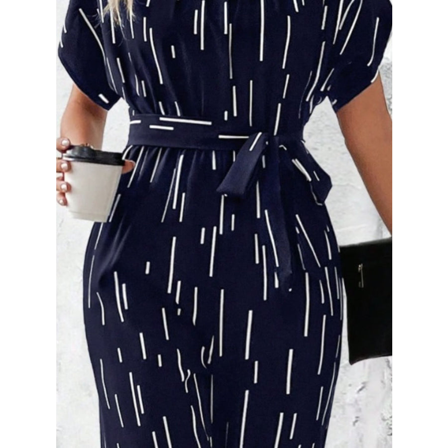 Tied Printed Mock Neck Wide Leg Jumpsuit Apparel and Accessories