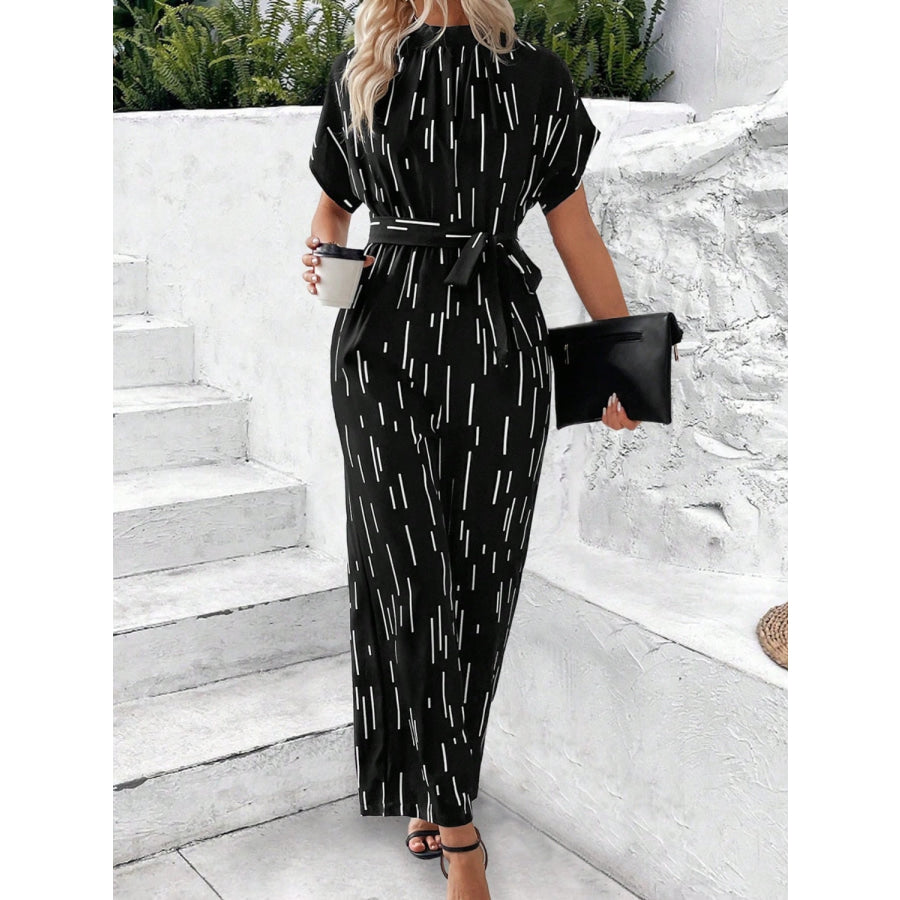 Tied Printed Mock Neck Wide Leg Jumpsuit Black / S Apparel and Accessories