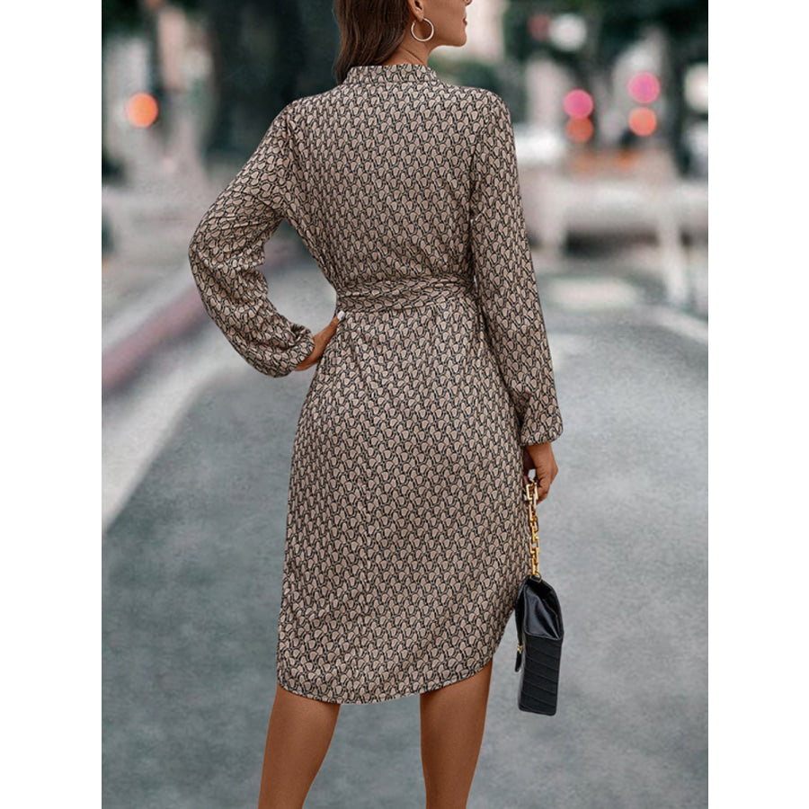 Tied Printed Notched Balloon Sleeve Dress Apparel and Accessories