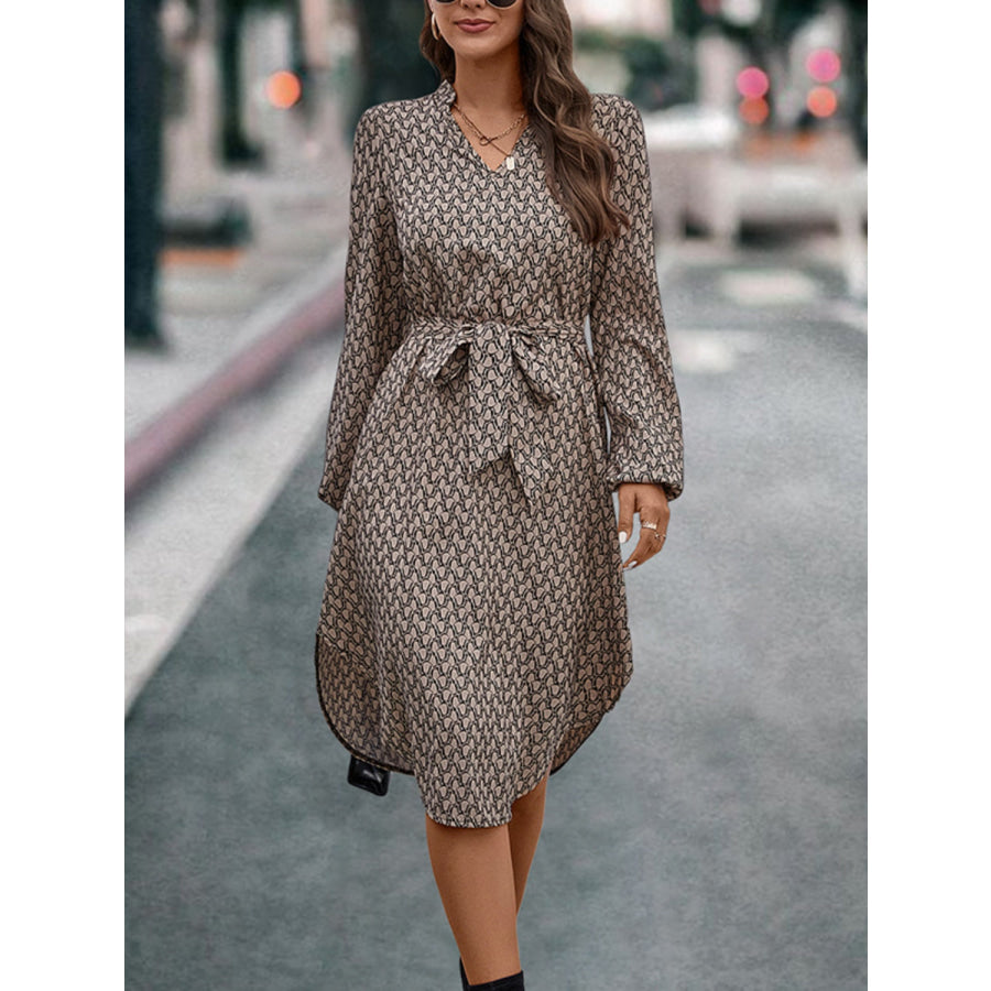 Tied Printed Notched Balloon Sleeve Dress Apparel and Accessories