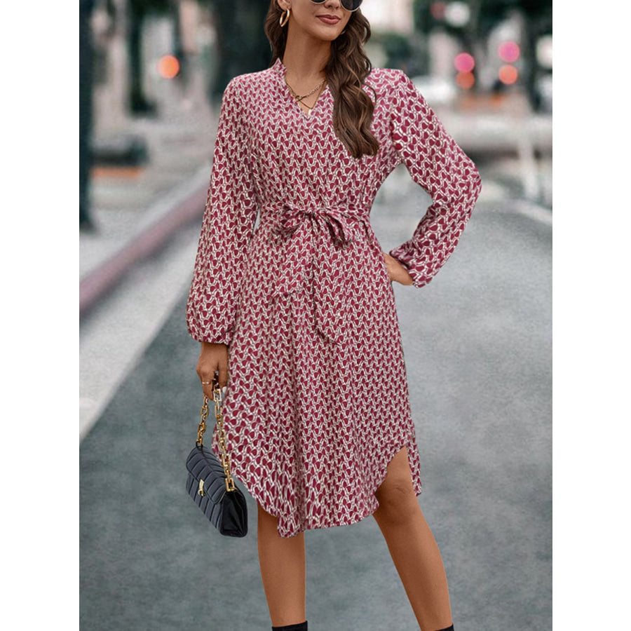 Tied Printed Notched Balloon Sleeve Dress Apparel and Accessories