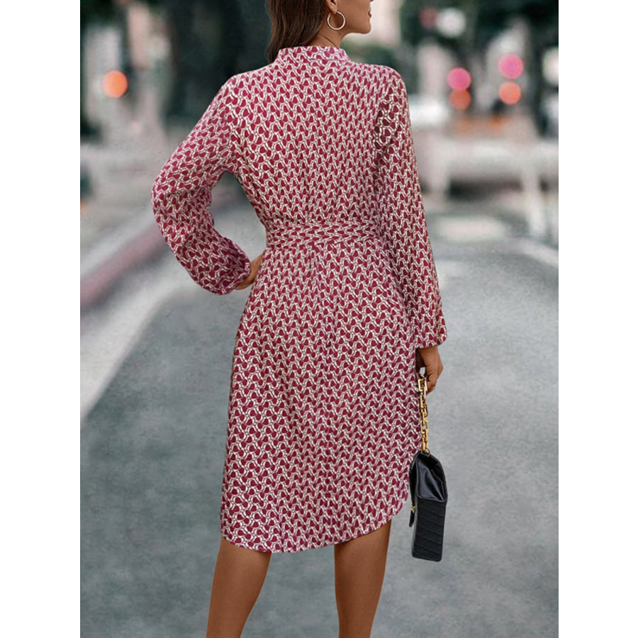 Tied Printed Notched Balloon Sleeve Dress Apparel and Accessories