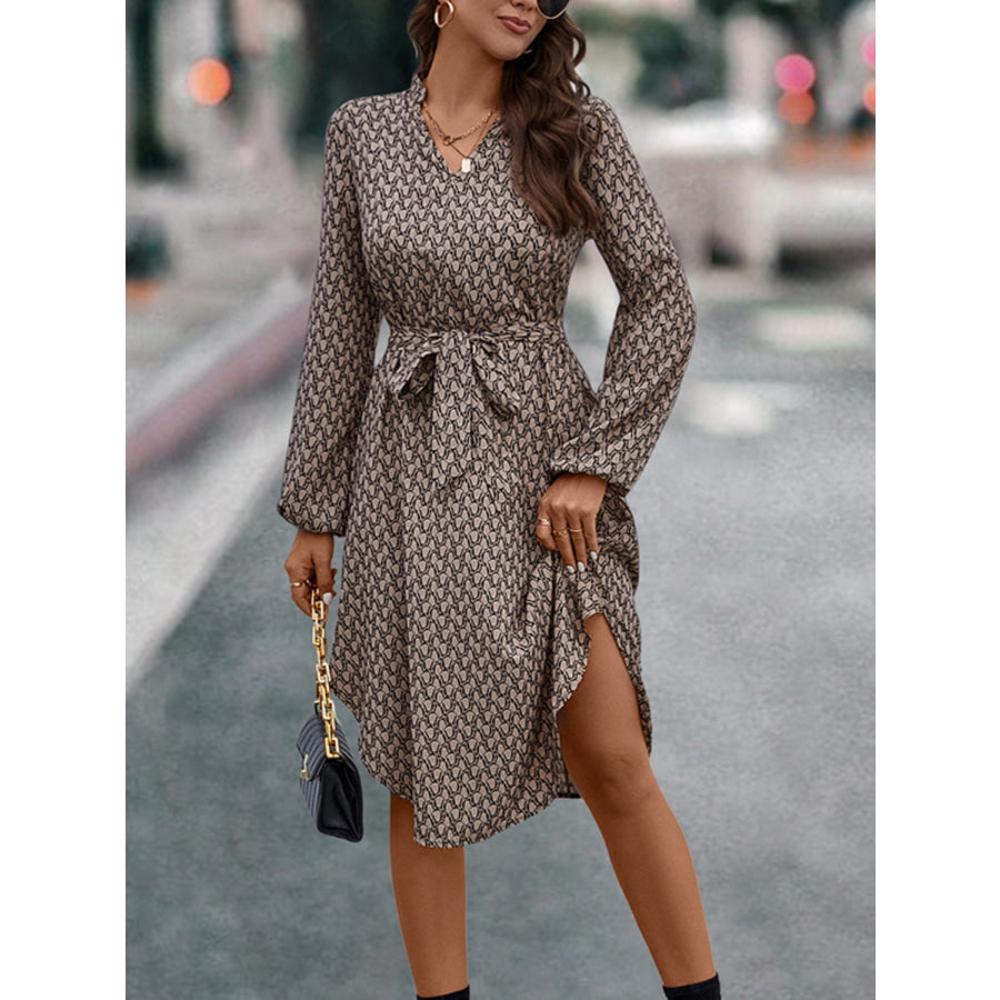 Tied Printed Notched Balloon Sleeve Dress Apparel and Accessories