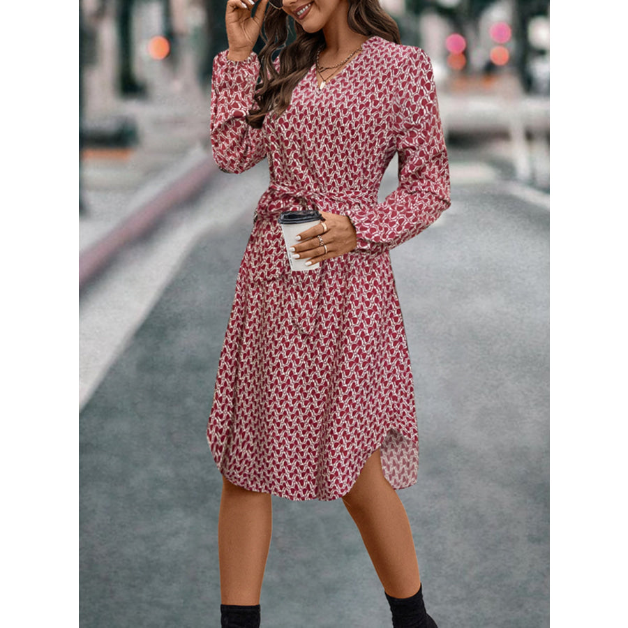 Tied Printed Notched Balloon Sleeve Dress Apparel and Accessories