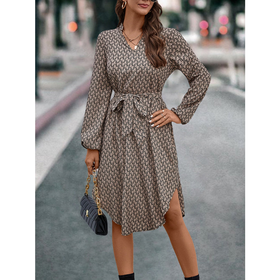 Tied Printed Notched Balloon Sleeve Dress Taupe / S Apparel and Accessories