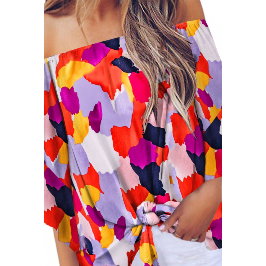 Tied Printed Off - Shoulder Half Sleeve Blouse Apparel and Accessories