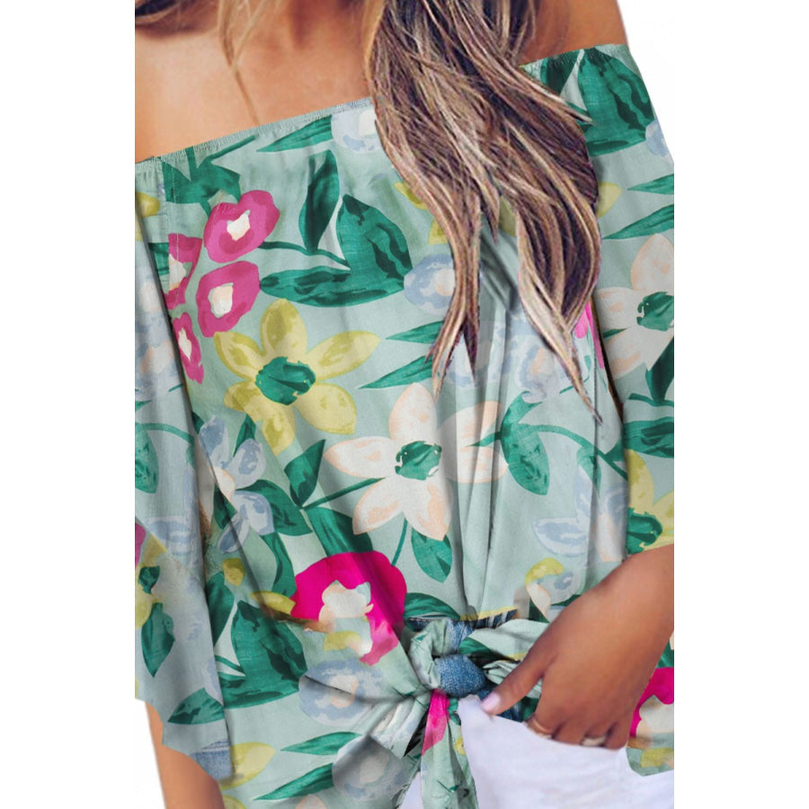 Tied Printed Off - Shoulder Half Sleeve Blouse Apparel and Accessories