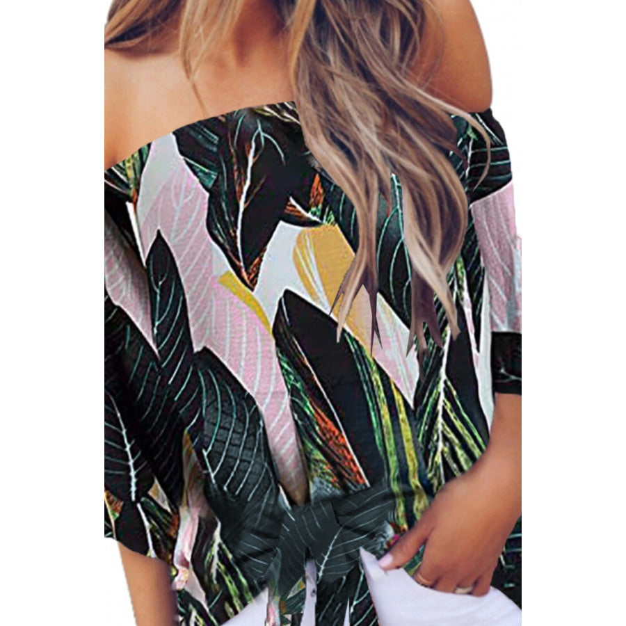 Tied Printed Off - Shoulder Half Sleeve Blouse Apparel and Accessories