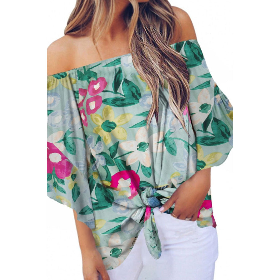 Tied Printed Off - Shoulder Half Sleeve Blouse Apparel and Accessories