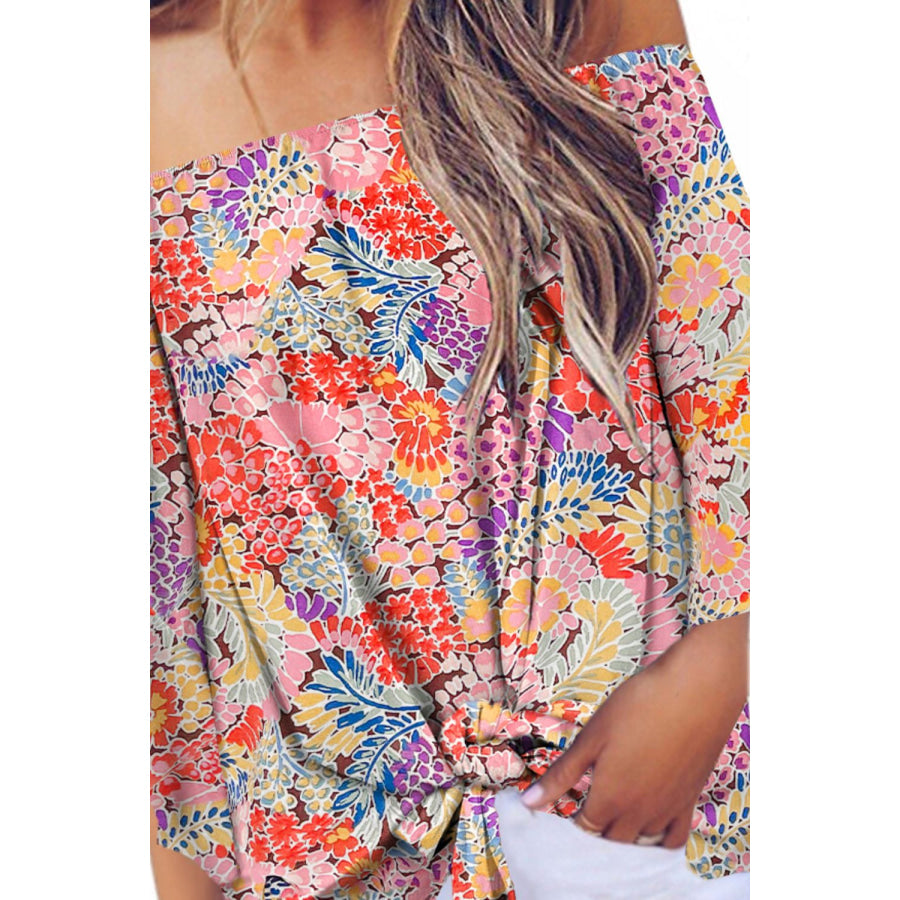 Tied Printed Off - Shoulder Half Sleeve Blouse Apparel and Accessories