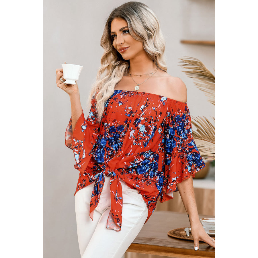 Tied Printed Off - Shoulder Half Sleeve Blouse Apparel and Accessories