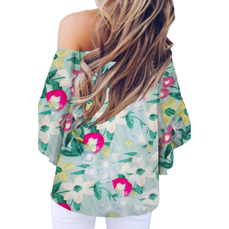 Tied Printed Off - Shoulder Half Sleeve Blouse Apparel and Accessories