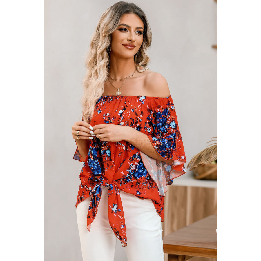 Tied Printed Off - Shoulder Half Sleeve Blouse Apparel and Accessories