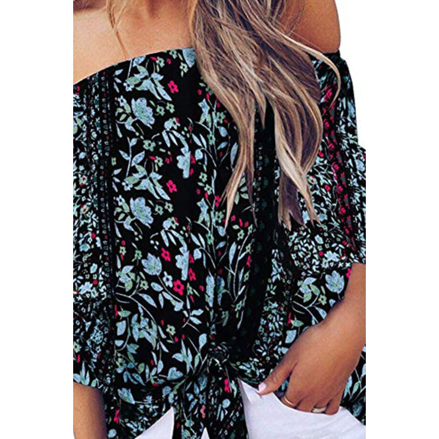 Tied Printed Off - Shoulder Half Sleeve Blouse Apparel and Accessories