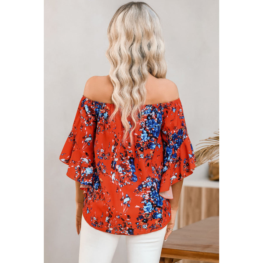 Tied Printed Off - Shoulder Half Sleeve Blouse Apparel and Accessories