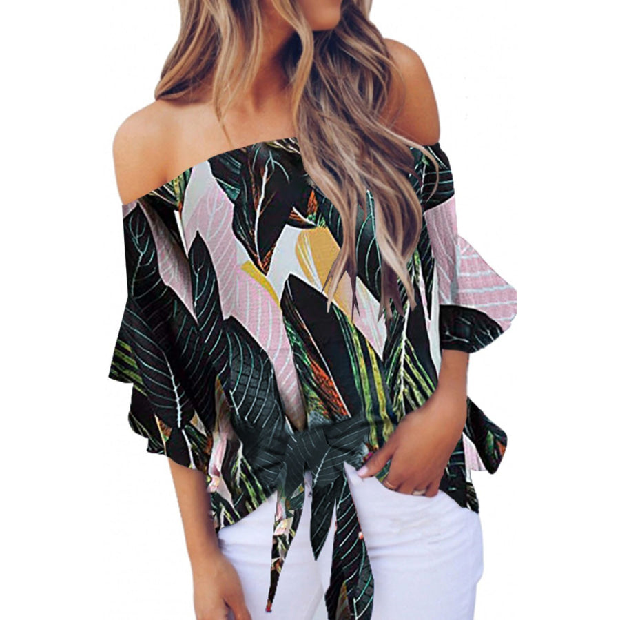 Tied Printed Off - Shoulder Half Sleeve Blouse Army Green / S Apparel and Accessories