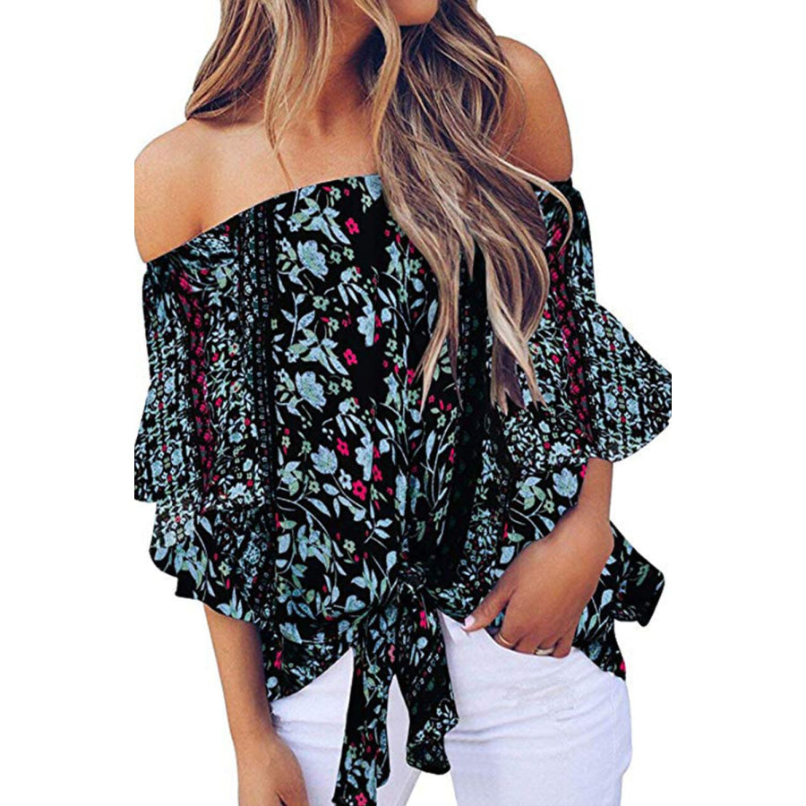 Tied Printed Off - Shoulder Half Sleeve Blouse Black / S Apparel and Accessories