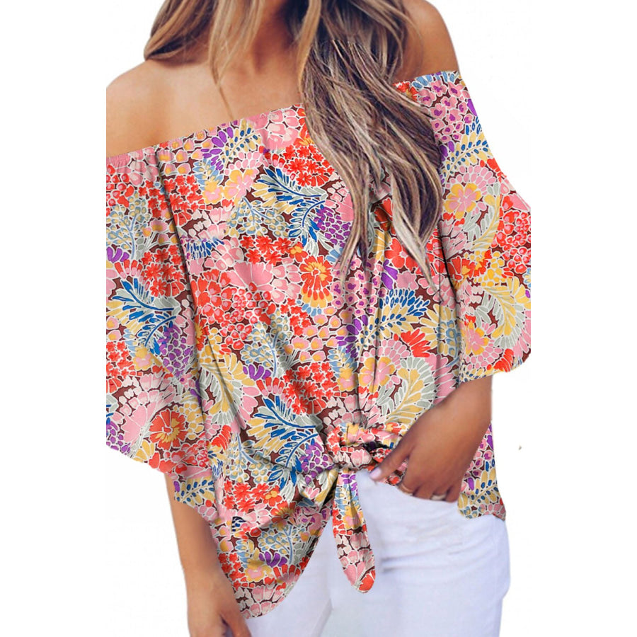 Tied Printed Off - Shoulder Half Sleeve Blouse Floral / S Apparel and Accessories