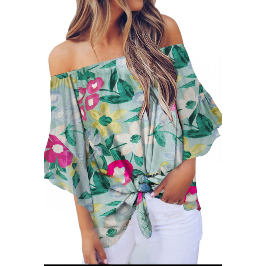 Tied Printed Off - Shoulder Half Sleeve Blouse Gum Leaf / S Apparel and Accessories