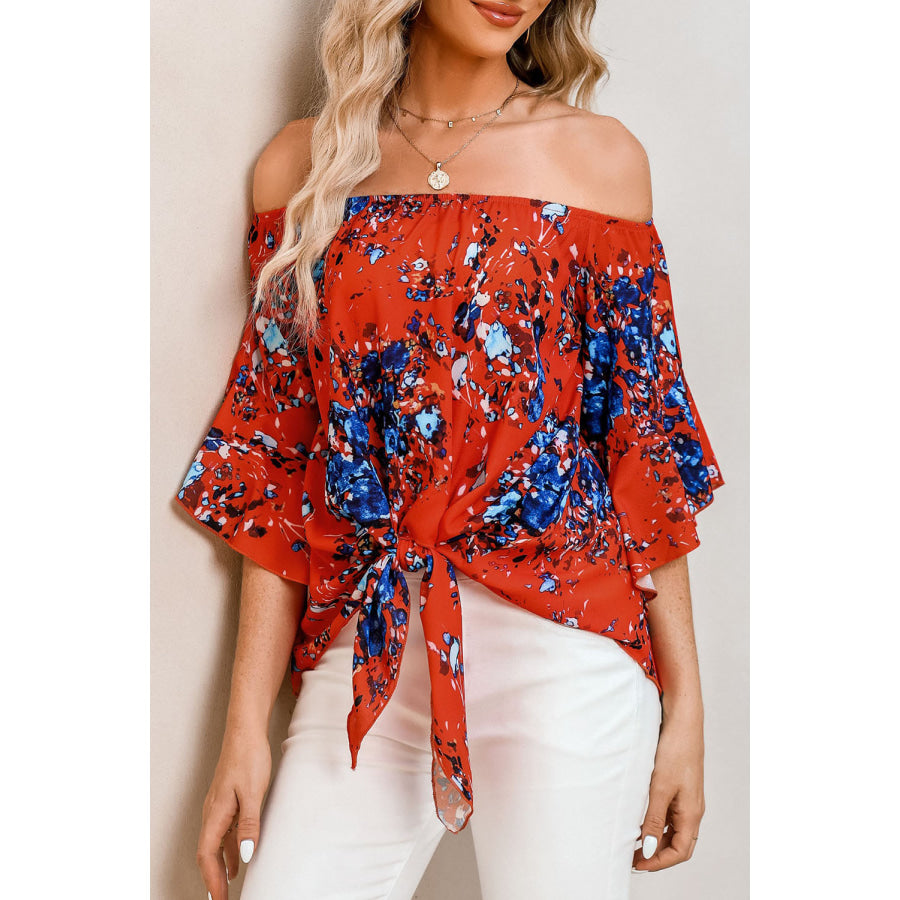 Tied Printed Off - Shoulder Half Sleeve Blouse Orange / S Apparel and Accessories