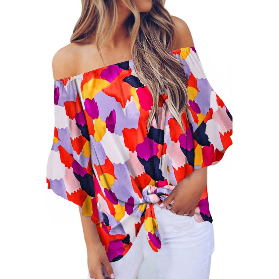 Tied Printed Off - Shoulder Half Sleeve Blouse Vivid Violet / S Apparel and Accessories