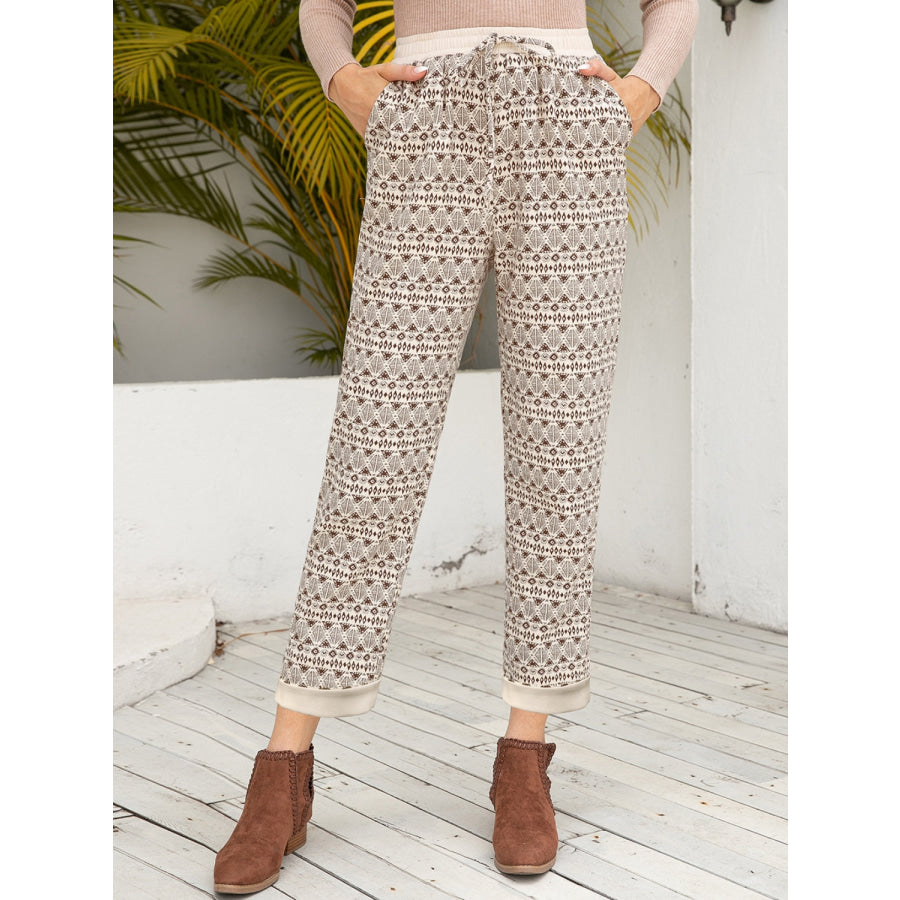 Tied Printed Pants with Pockets Khaki / S Apparel and Accessories