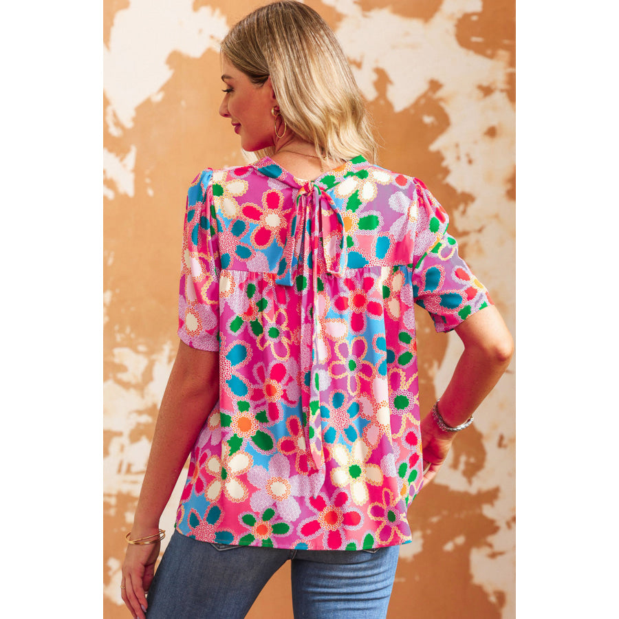 Tied Printed Round Neck Half Sleeve Blouse Apparel and Accessories