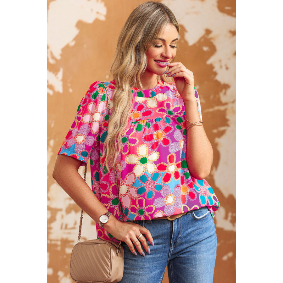 Tied Printed Round Neck Half Sleeve Blouse Apparel and Accessories