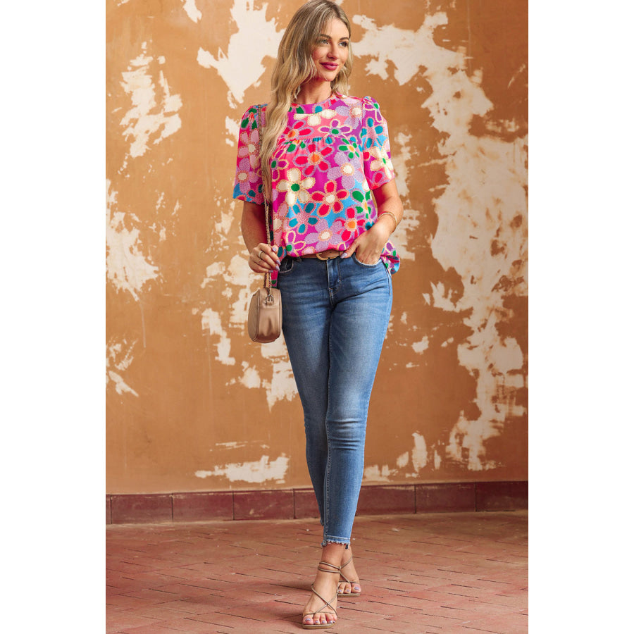 Tied Printed Round Neck Half Sleeve Blouse Apparel and Accessories