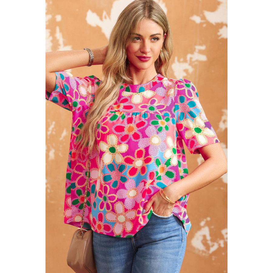 Tied Printed Round Neck Half Sleeve Blouse Apparel and Accessories