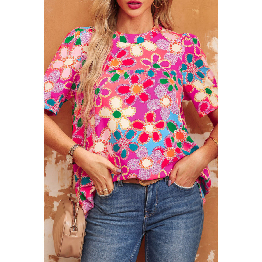 Tied Printed Round Neck Half Sleeve Blouse Floral / XS Apparel and Accessories