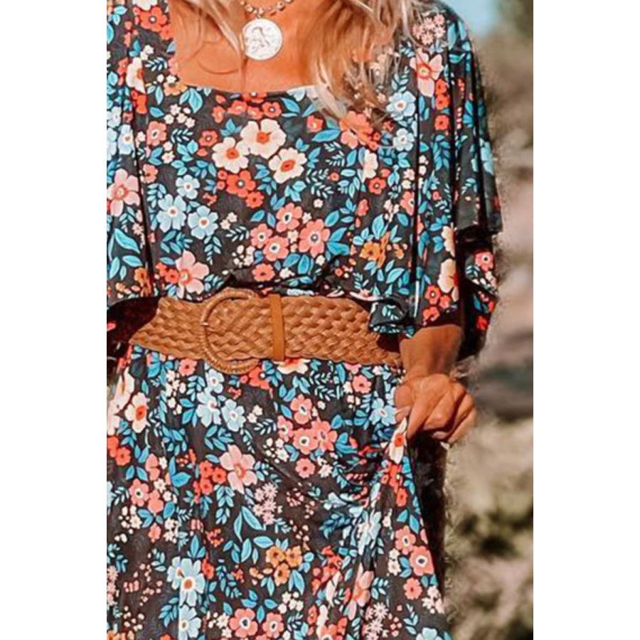Tied Printed Round Neck Half Sleeve Dress Apparel and Accessories