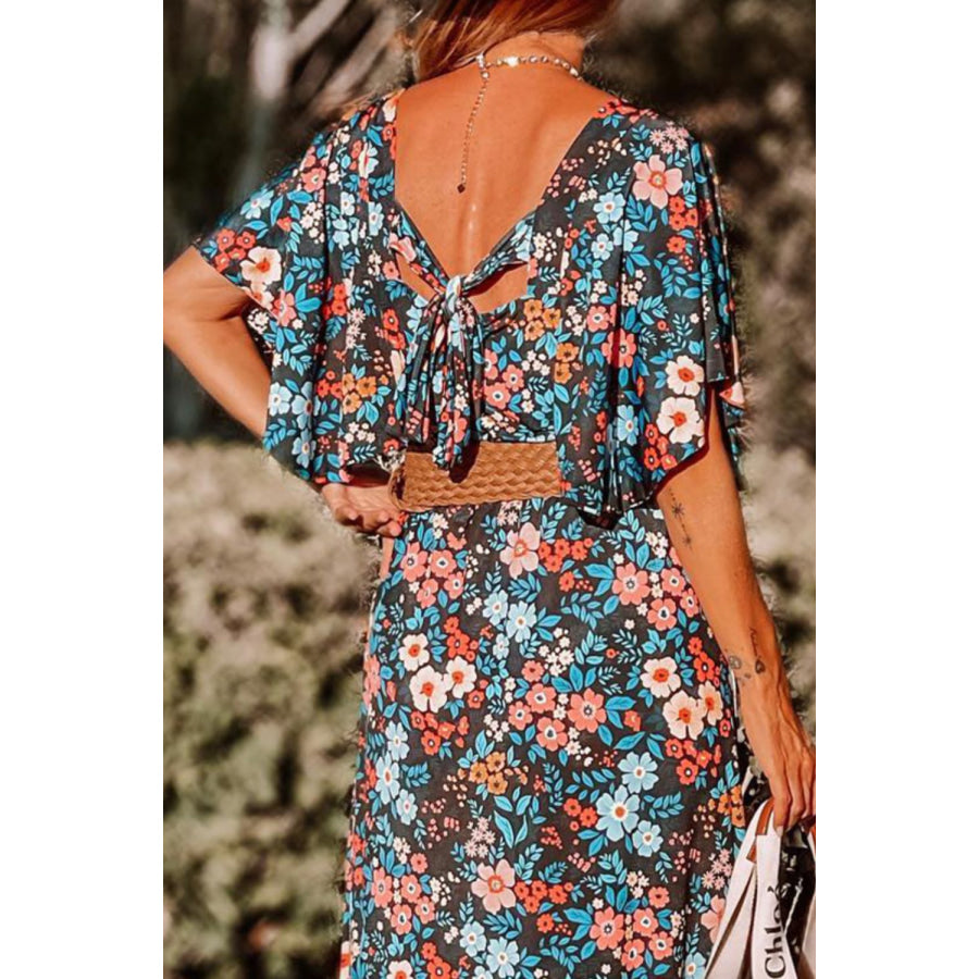 Tied Printed Round Neck Half Sleeve Dress Floral / S Apparel and Accessories