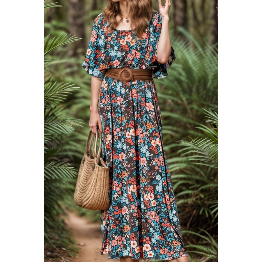 Tied Printed Round Neck Half Sleeve Dress Floral / S Apparel and Accessories