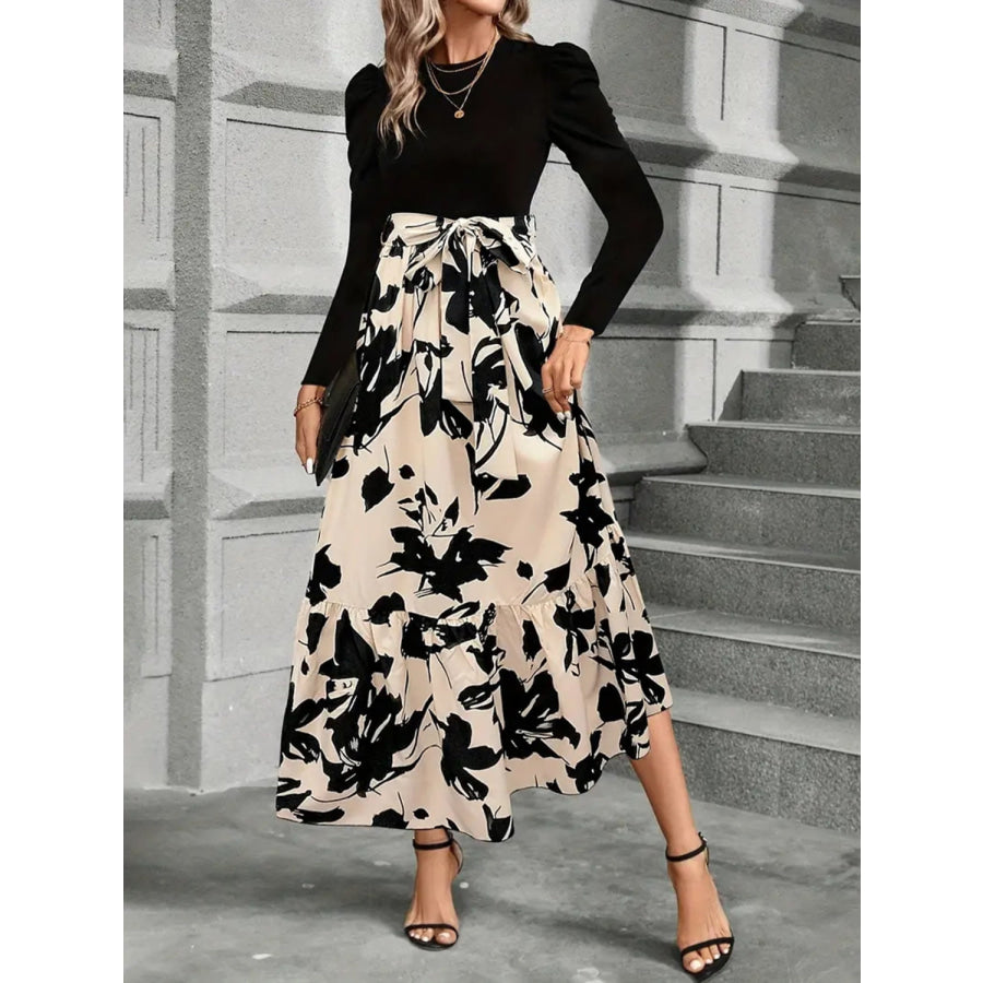 Tied Printed Round Neck Long Sleeve Midi Dress Apparel and Accessories