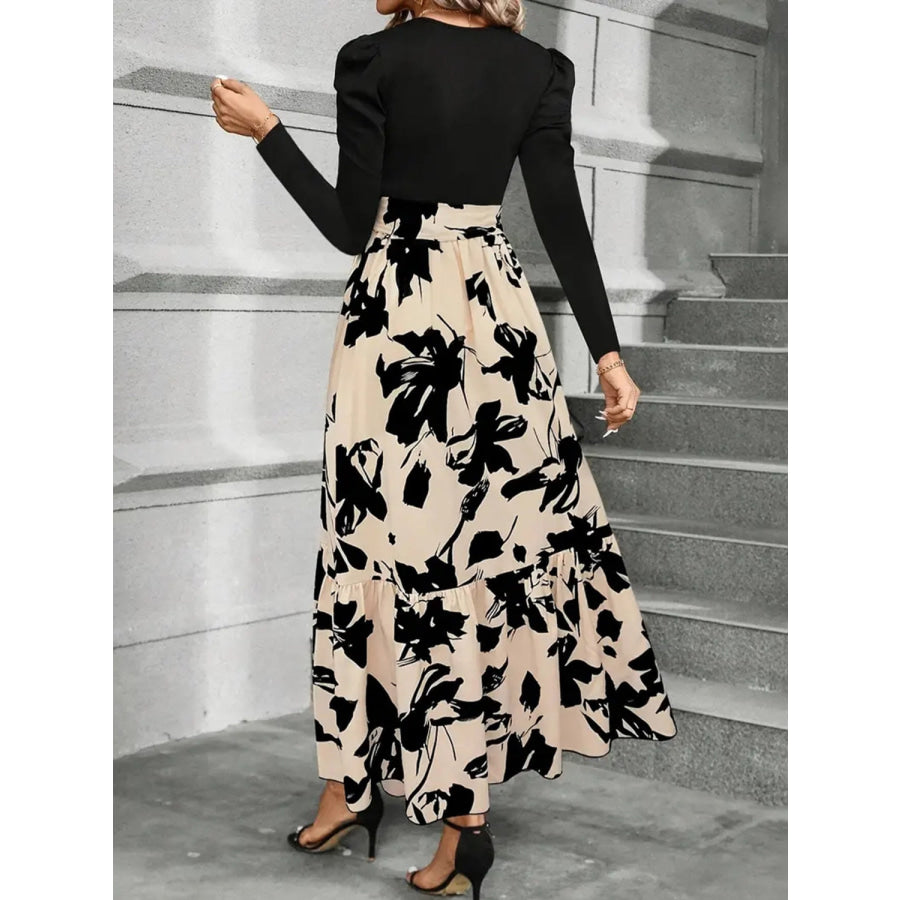 Tied Printed Round Neck Long Sleeve Midi Dress Apparel and Accessories