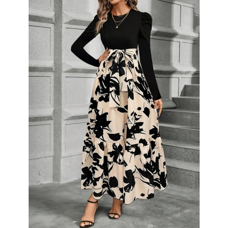 Tied Printed Round Neck Long Sleeve Midi Dress Apparel and Accessories