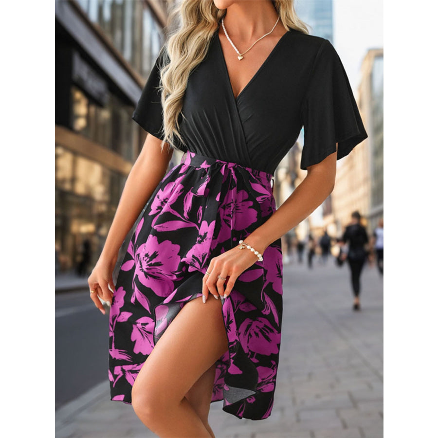 Tied Printed Short Sleeve Mini Dress Apparel and Accessories