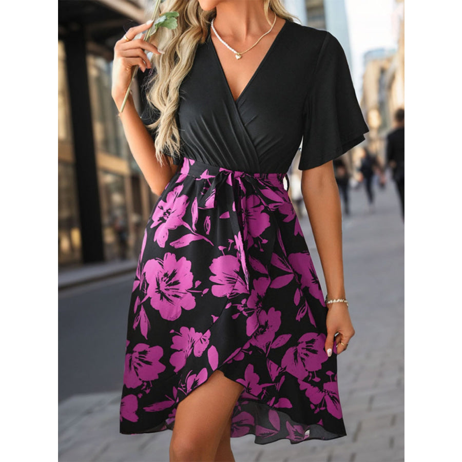 Tied Printed Short Sleeve Mini Dress Apparel and Accessories