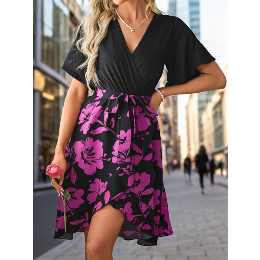 Tied Printed Short Sleeve Mini Dress Apparel and Accessories