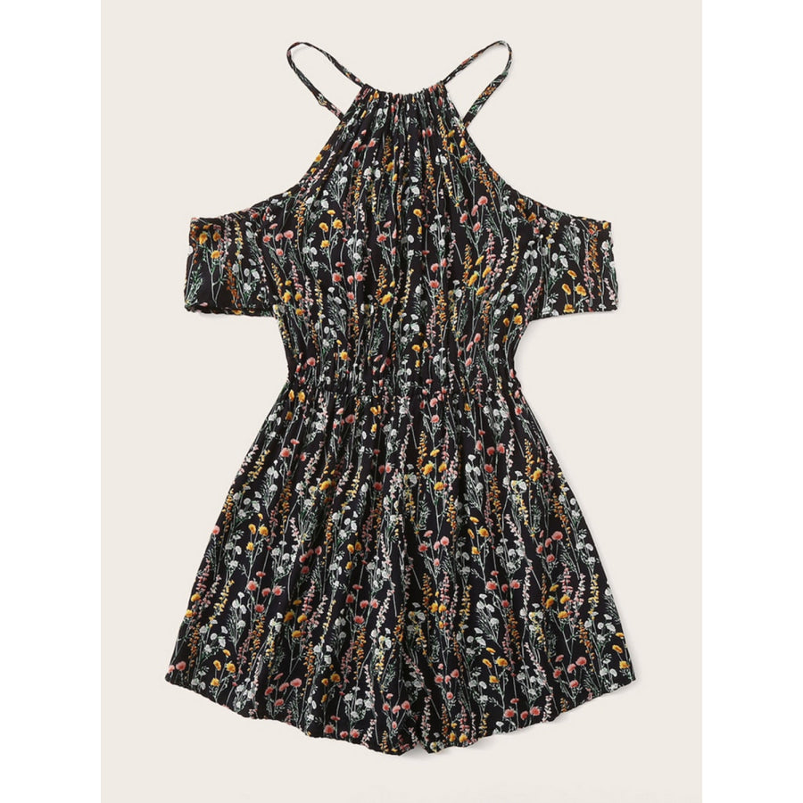 Tied Printed Short Sleeve Romper Black / S Apparel and Accessories