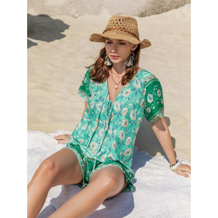 Tied Printed Short Sleeve Romper Apparel and Accessories